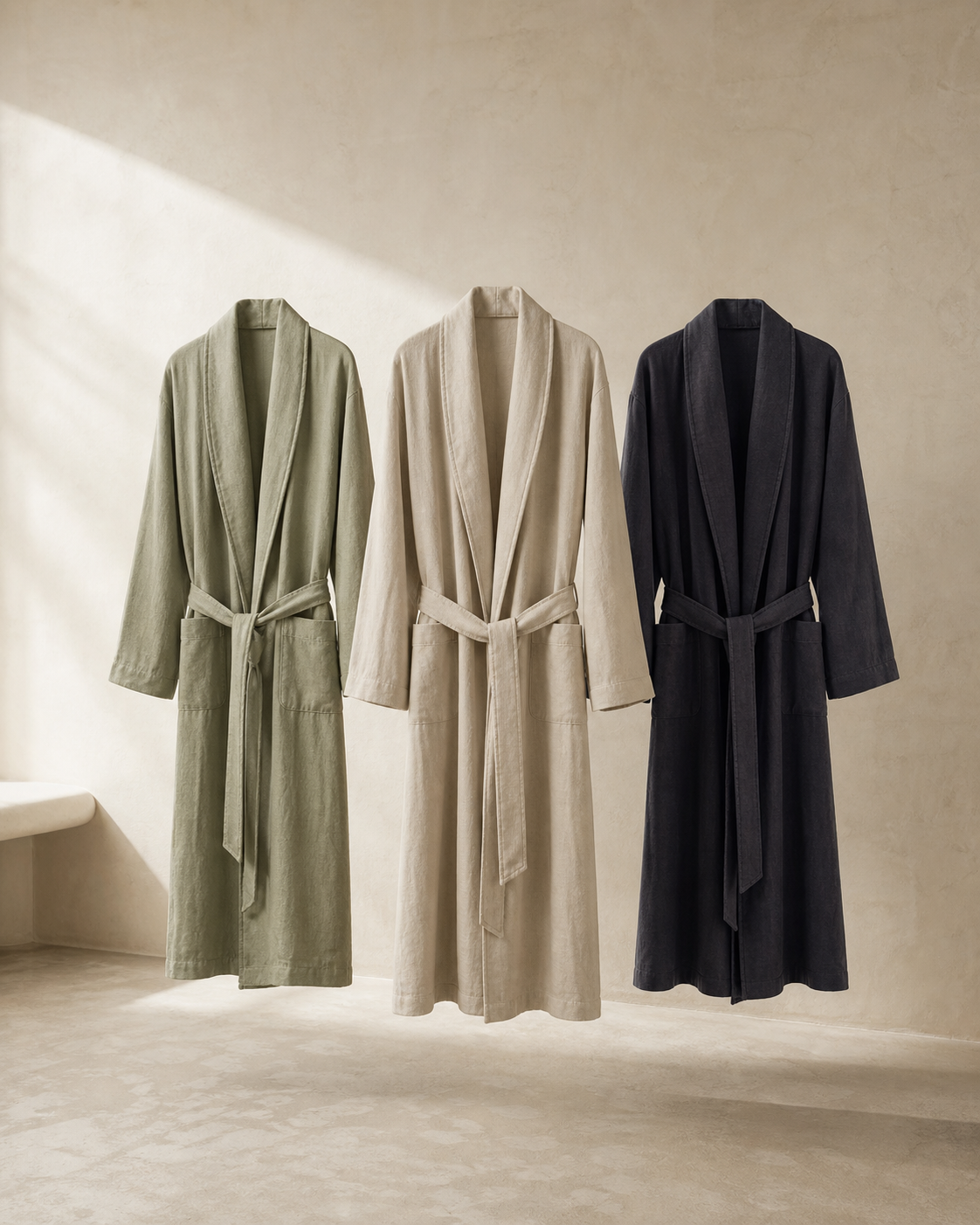 Bamboo Linen Robe in Tea Leaf, Oat, Ink