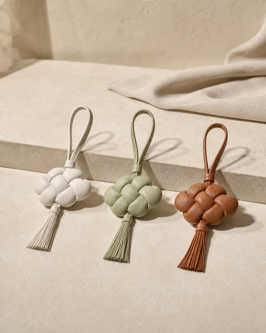 Cloud Knot Charm in White Jade, Celadon, Tea Brown