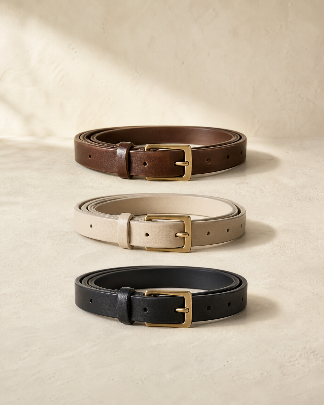 Courtyard Belt shown in Tea Brown, Oat, Ink