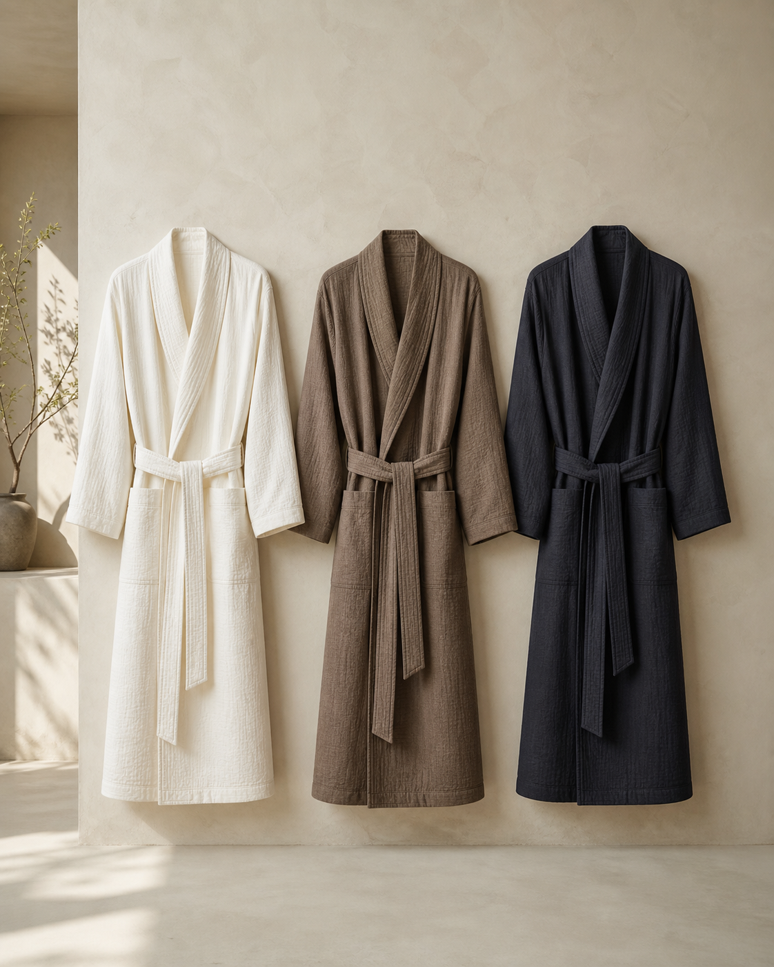 Courtyard Cotton Robe in White Jade, Tea Brown, Ink