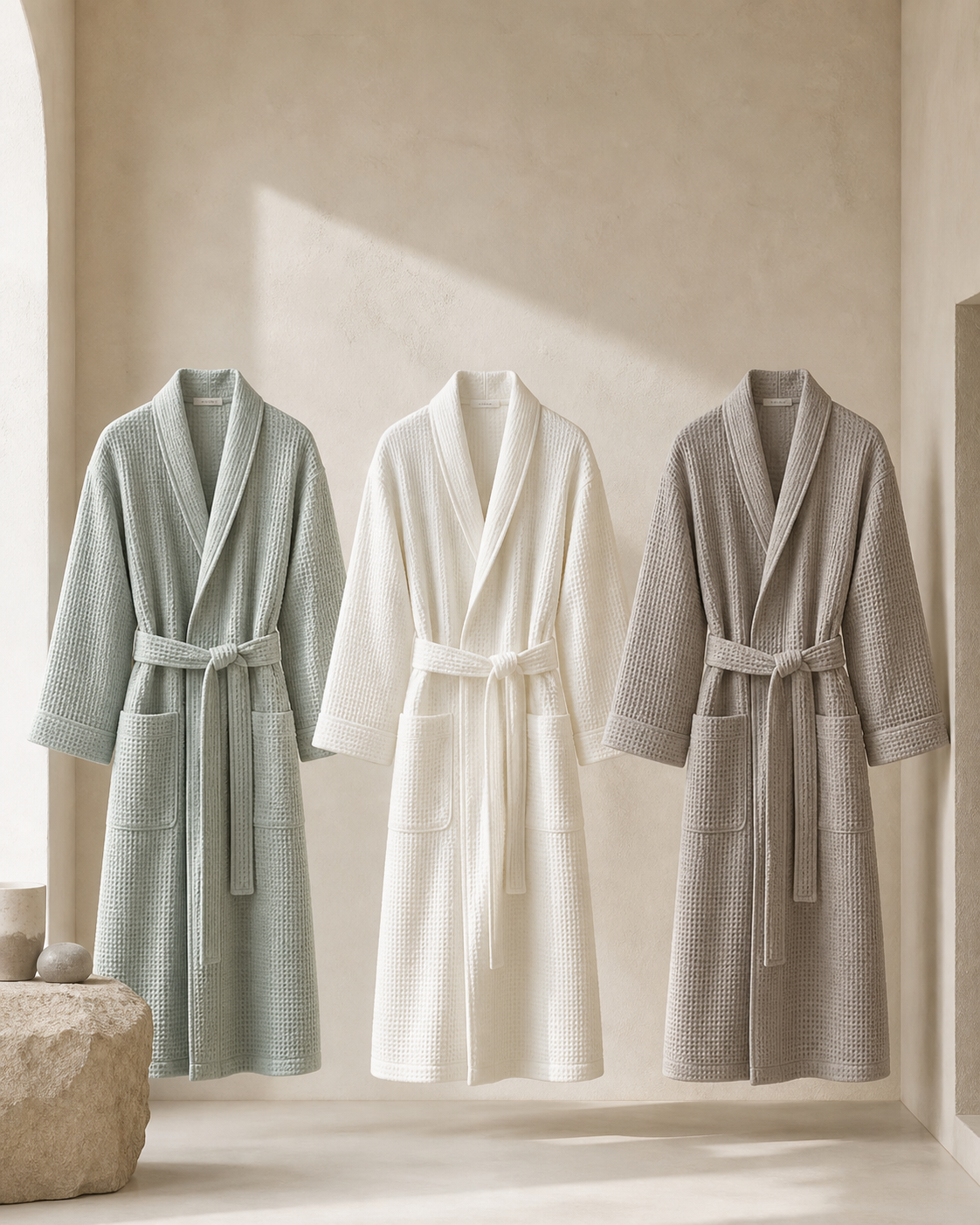 Jade Waffle Robe in Celadon, White Jade, Riverstone