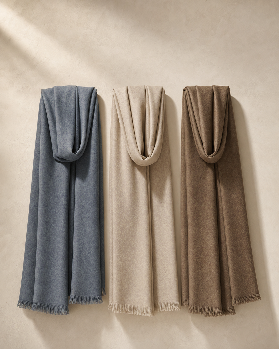 Meridian Scarf shown in Mineral Blue, Oat, Tea Brown