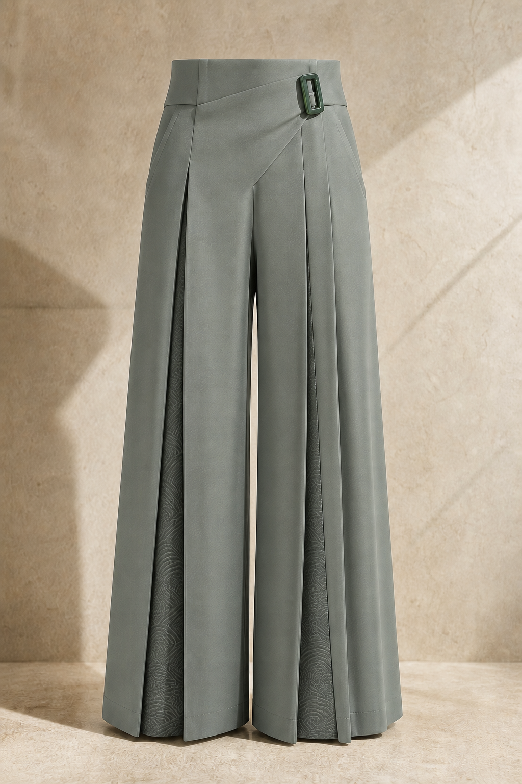 Serica canal pleat trouser in Celadon Grey, signature Chinese construction