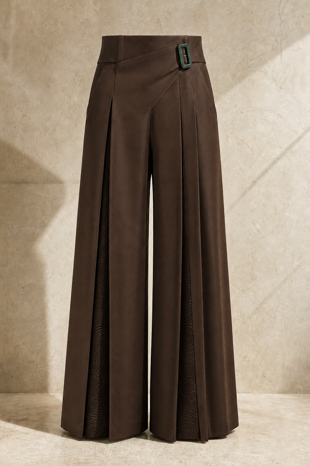 Serica canal pleat trouser in Tea Brown, signature Chinese construction