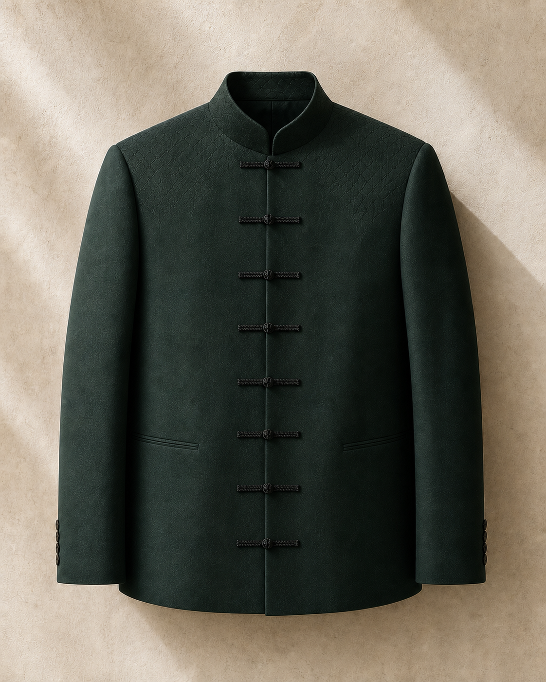 Dragon Scale Dinner Jacket in deep pine with eight full-length functional pankou closures