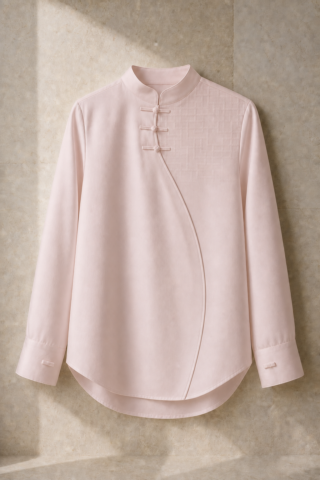 Serica East Window Shirt in Dawn Rose with opaque moon-gate yoke and functional diagonal placket