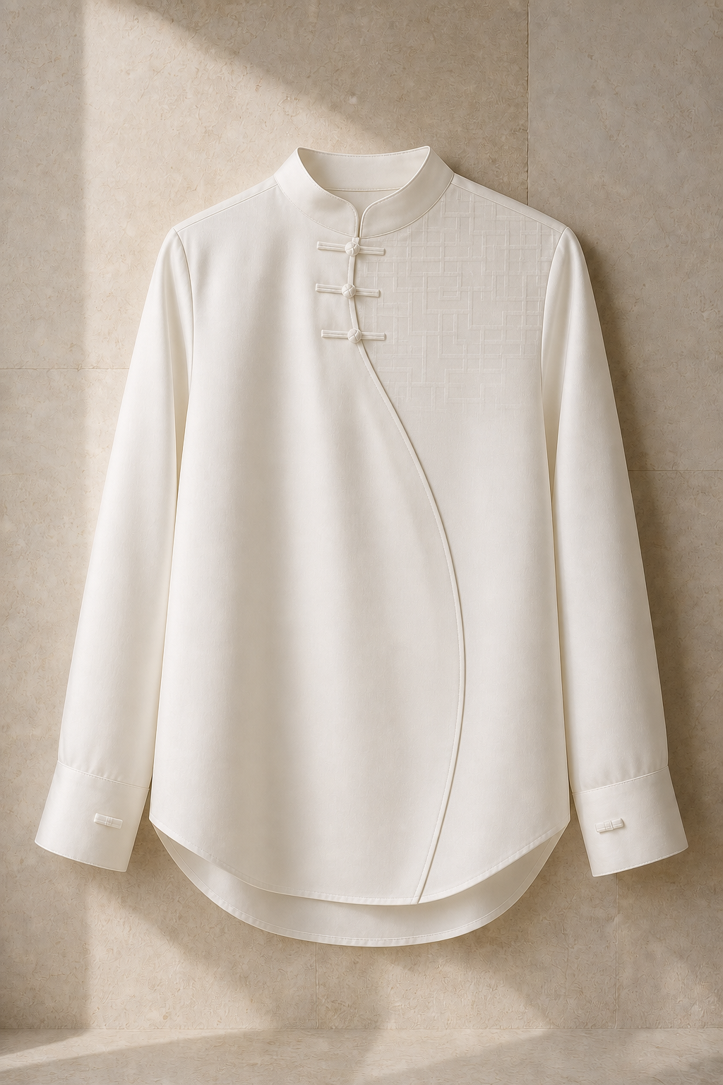 Serica East Window Shirt in Porcelain with opaque moon-gate yoke and functional diagonal placket