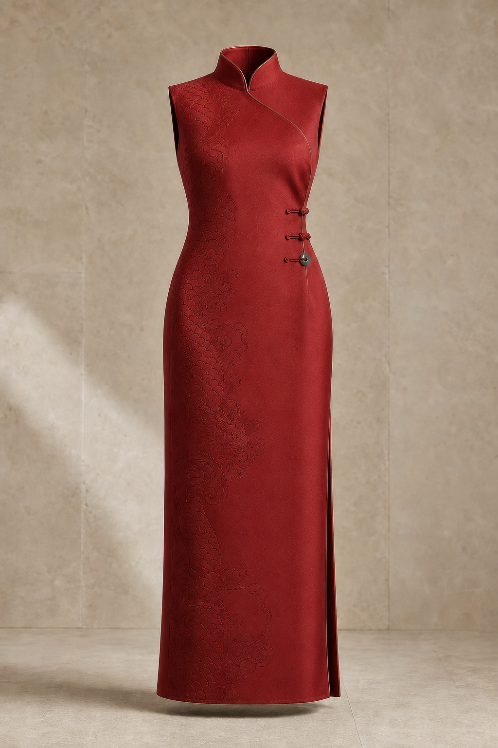 Serica evening column dress in Cinnabar, signature Chinese construction