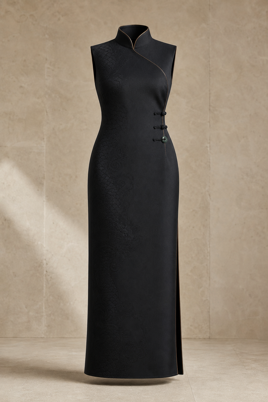 Serica evening column dress in Ink, signature Chinese construction