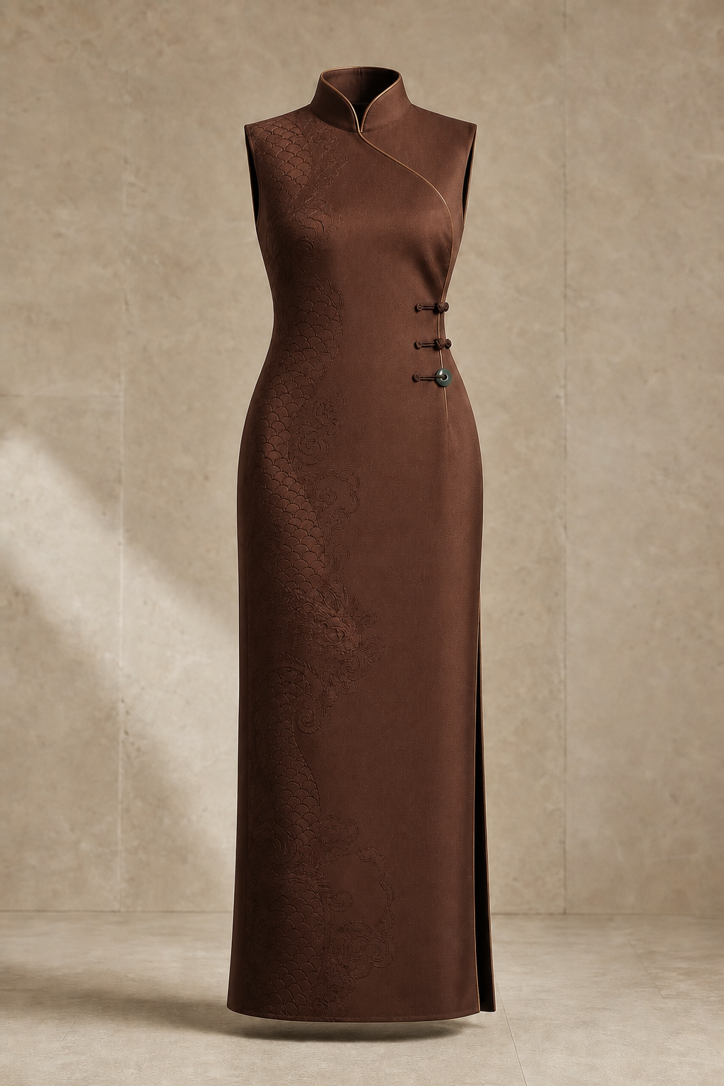Serica evening column dress in Lacquer Brown, signature Chinese construction