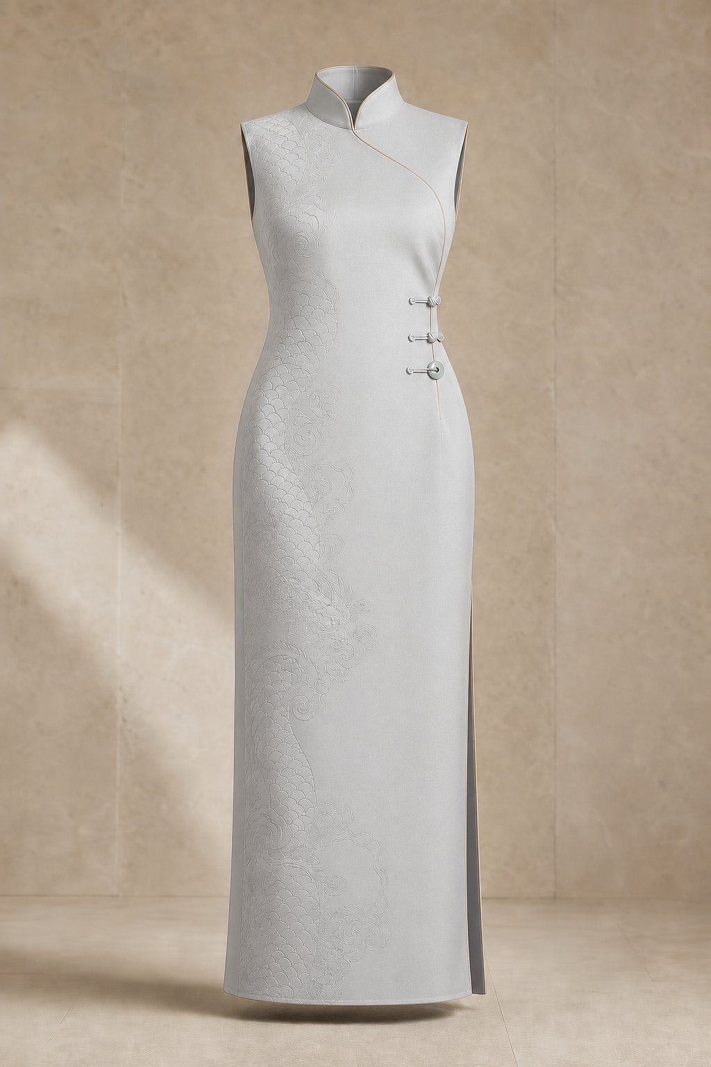 Serica evening column dress in Moonstone, signature Chinese construction