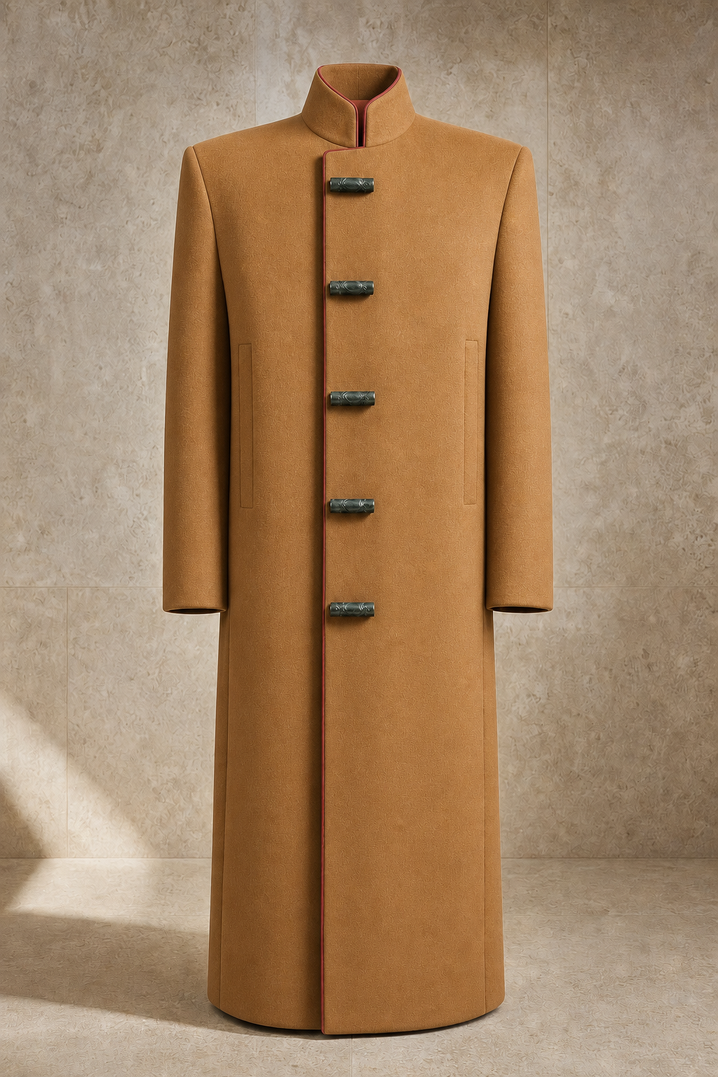 Serica gate coat in Camel, signature Chinese construction