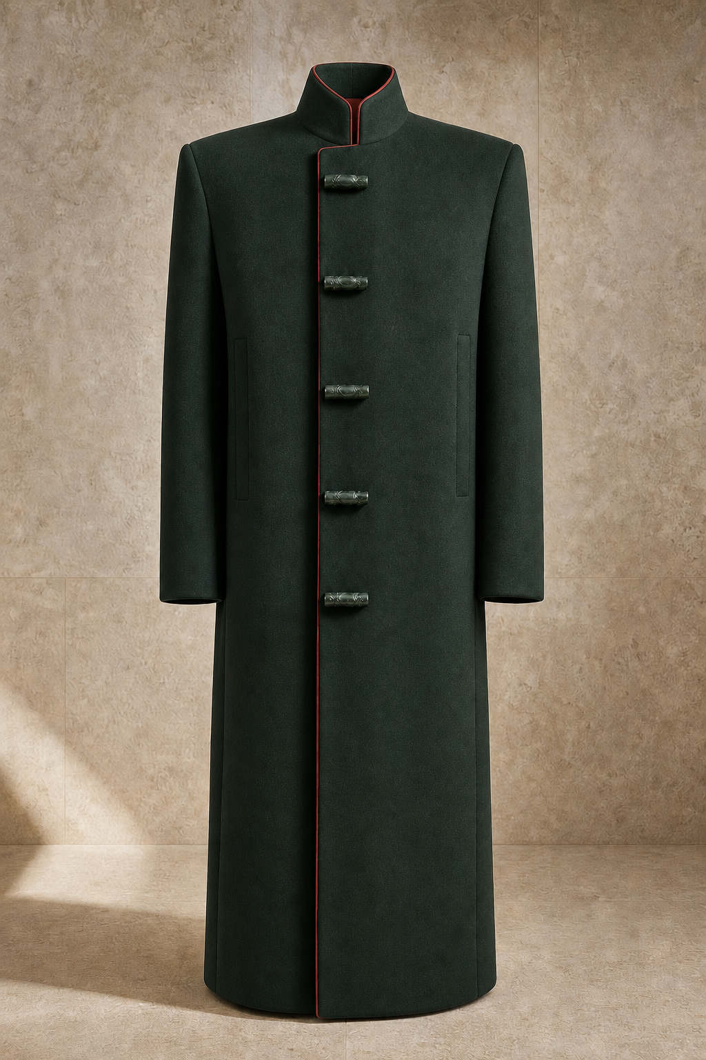 Serica gate coat in Pine Smoke, signature Chinese construction
