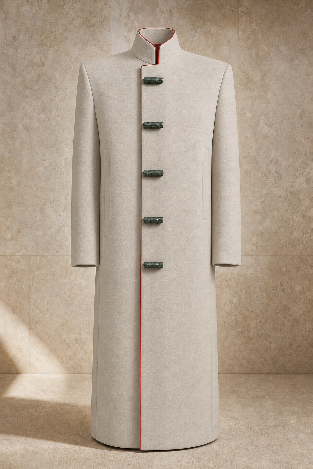 Serica gate coat in Stone, signature Chinese construction