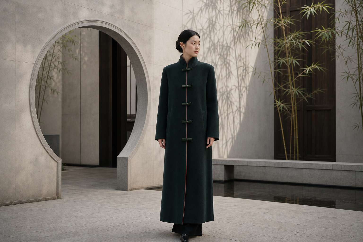 Serica Lifestyle signature ink-green coat in a contemporary Suzhou-inspired courtyard