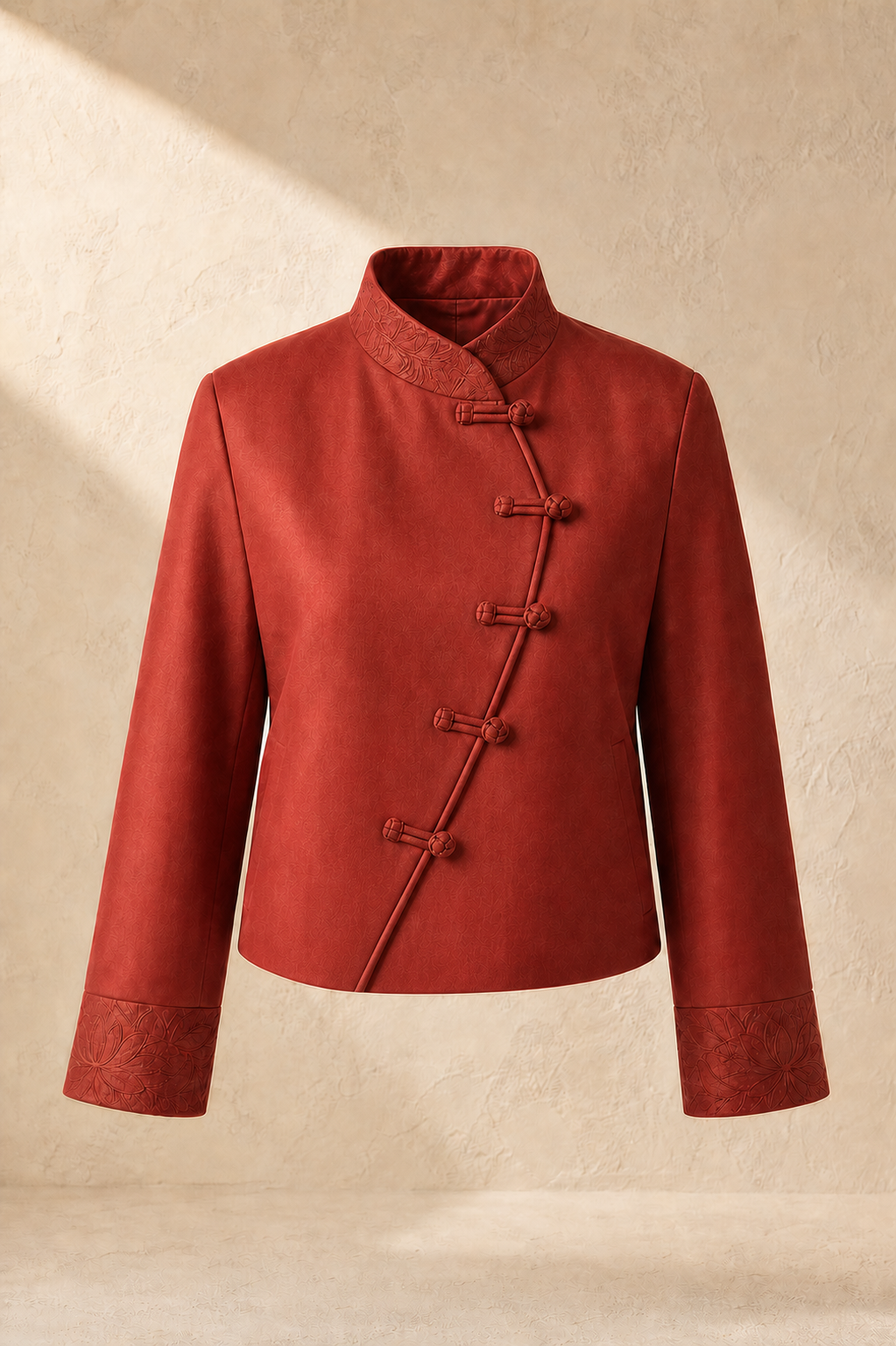 Serica Lotus Arc Cropped Jacket in Cinnabar with five functional pankou on a true overlapping front