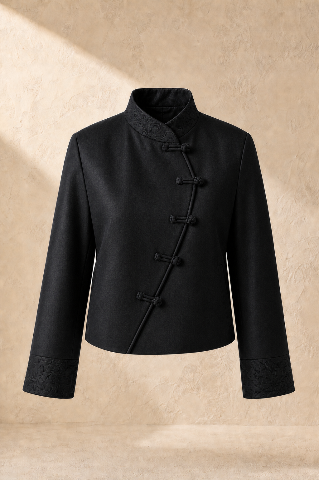 Serica Lotus Arc Cropped Jacket in Ink with five functional pankou on a true overlapping front