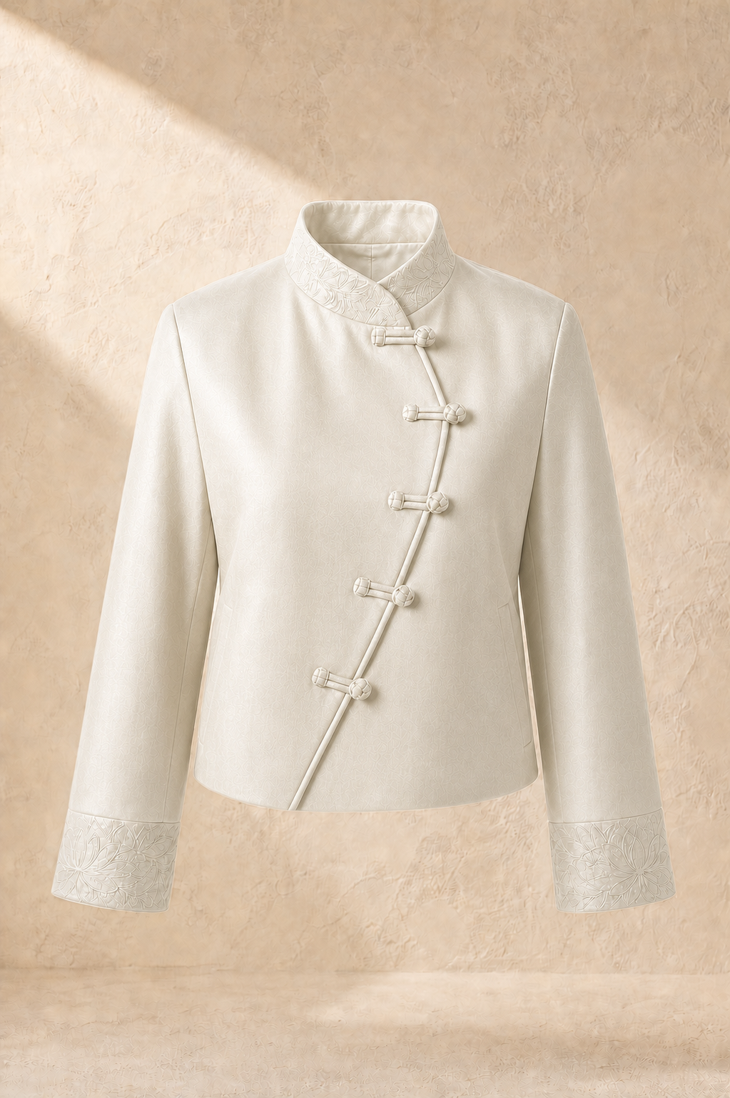 Serica Lotus Arc Cropped Jacket in White Jade with five functional pankou on a true overlapping front