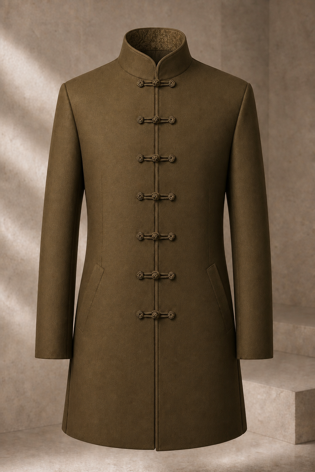 Serica Meridian Robe Jacket in Bronze Tea with seven anchored functional pankou closures