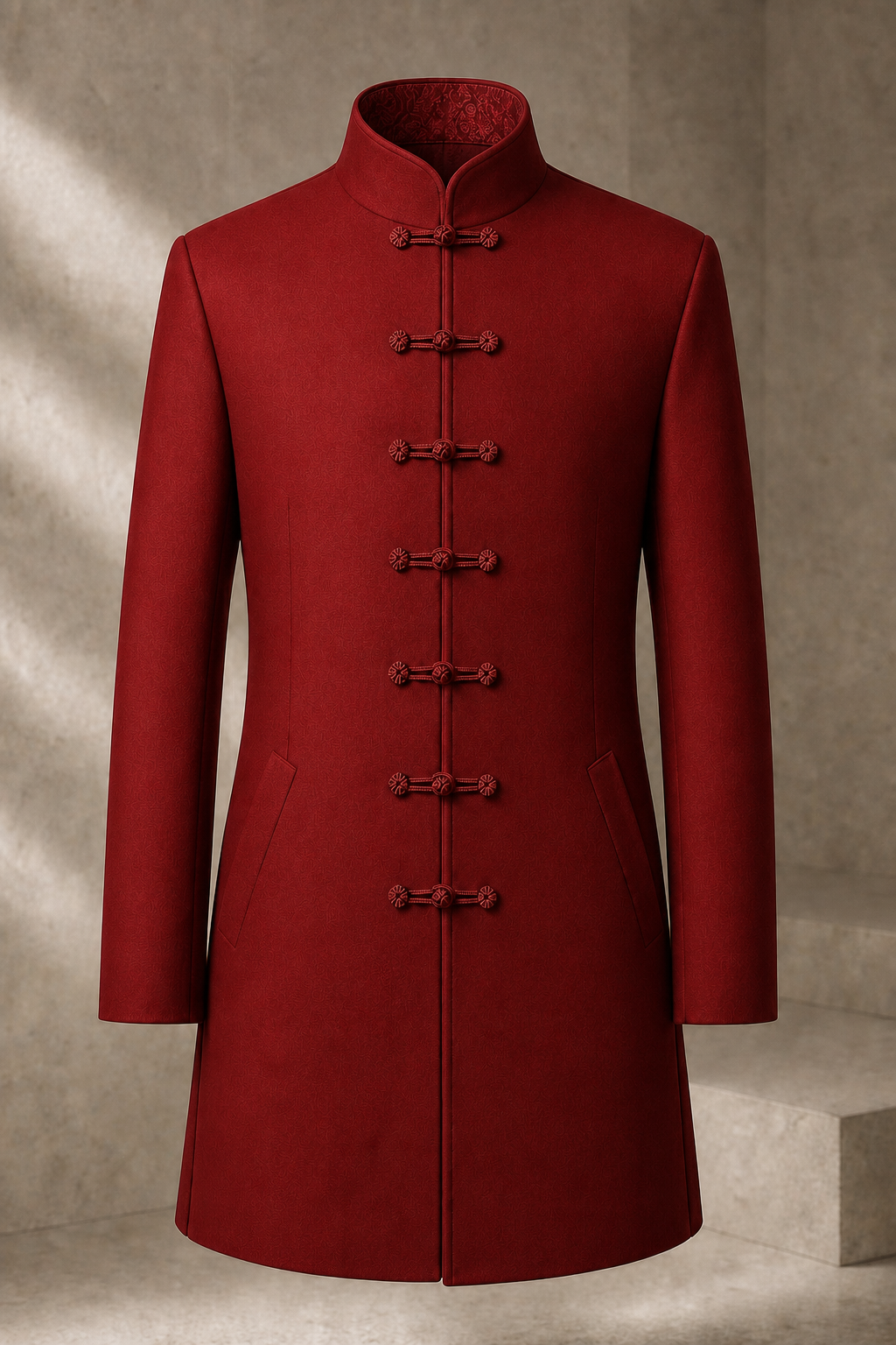 Serica Meridian Robe Jacket in Cinnabar with seven anchored functional pankou closures