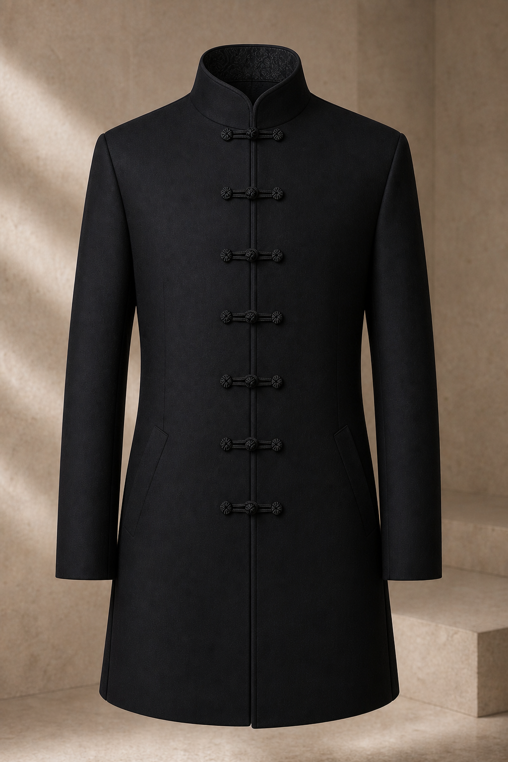 Serica Meridian Robe Jacket in Ink with seven anchored functional pankou closures