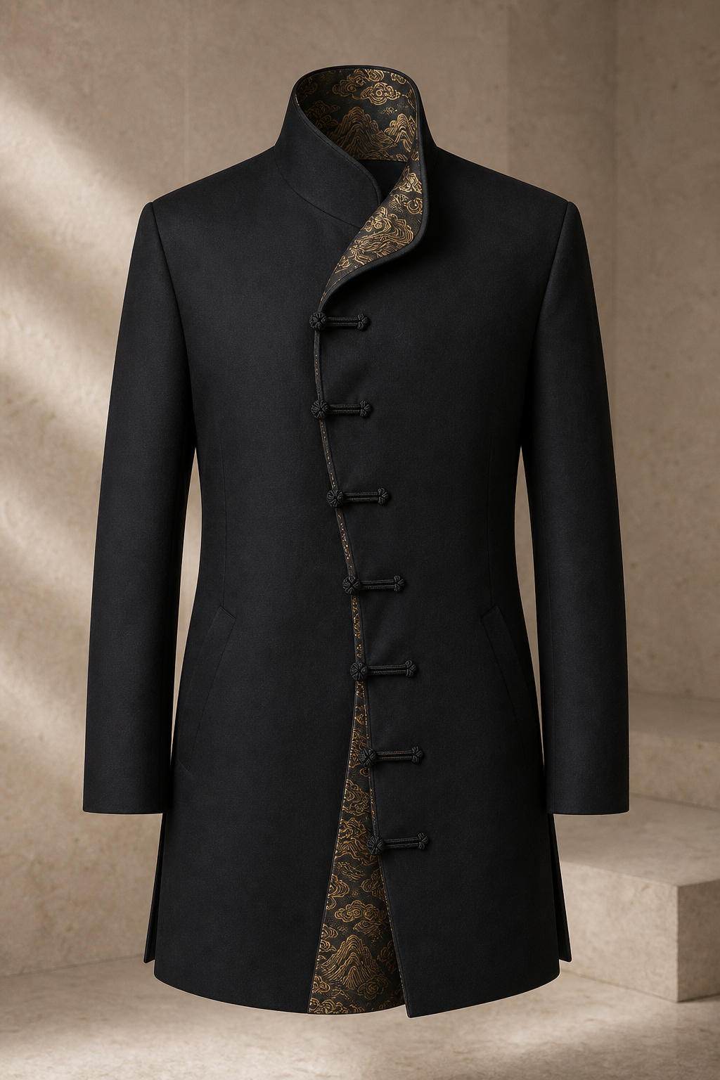 Serica meridian robe jacket in Ink, signature Chinese construction