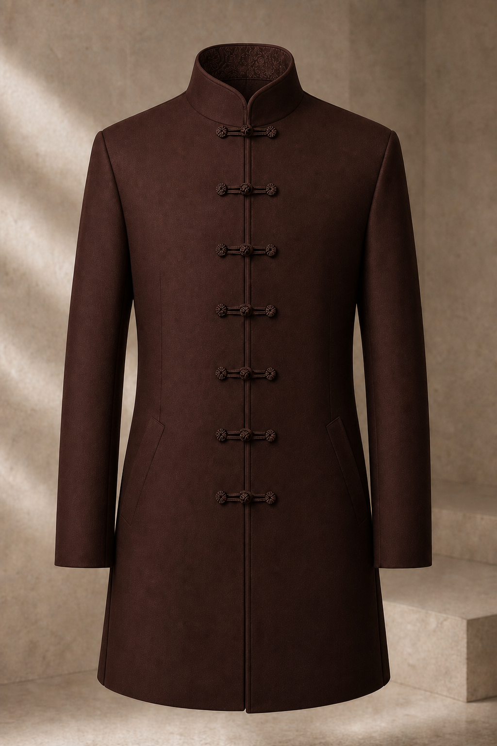 Serica Meridian Robe Jacket in Lacquer Brown with seven anchored functional pankou closures