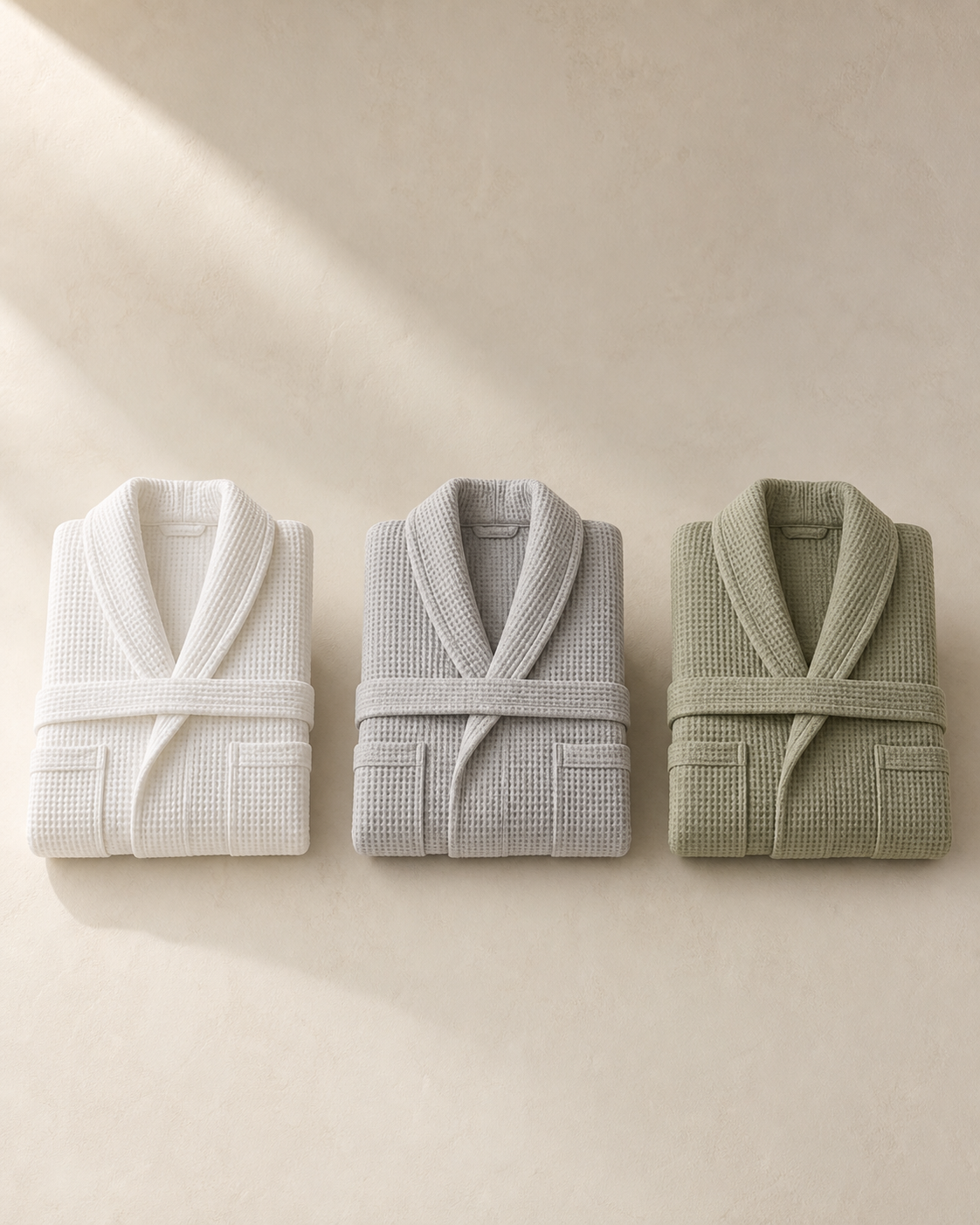 Pavilion Waffle Bathrobe in White Jade, Riverstone and Tea Leaf