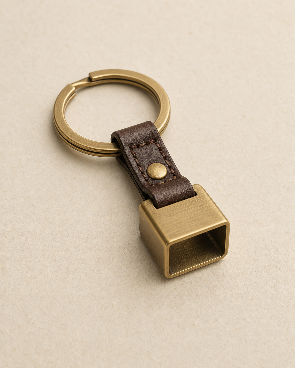 Seal Keyring with split ring, leather tab and hollow brass charm