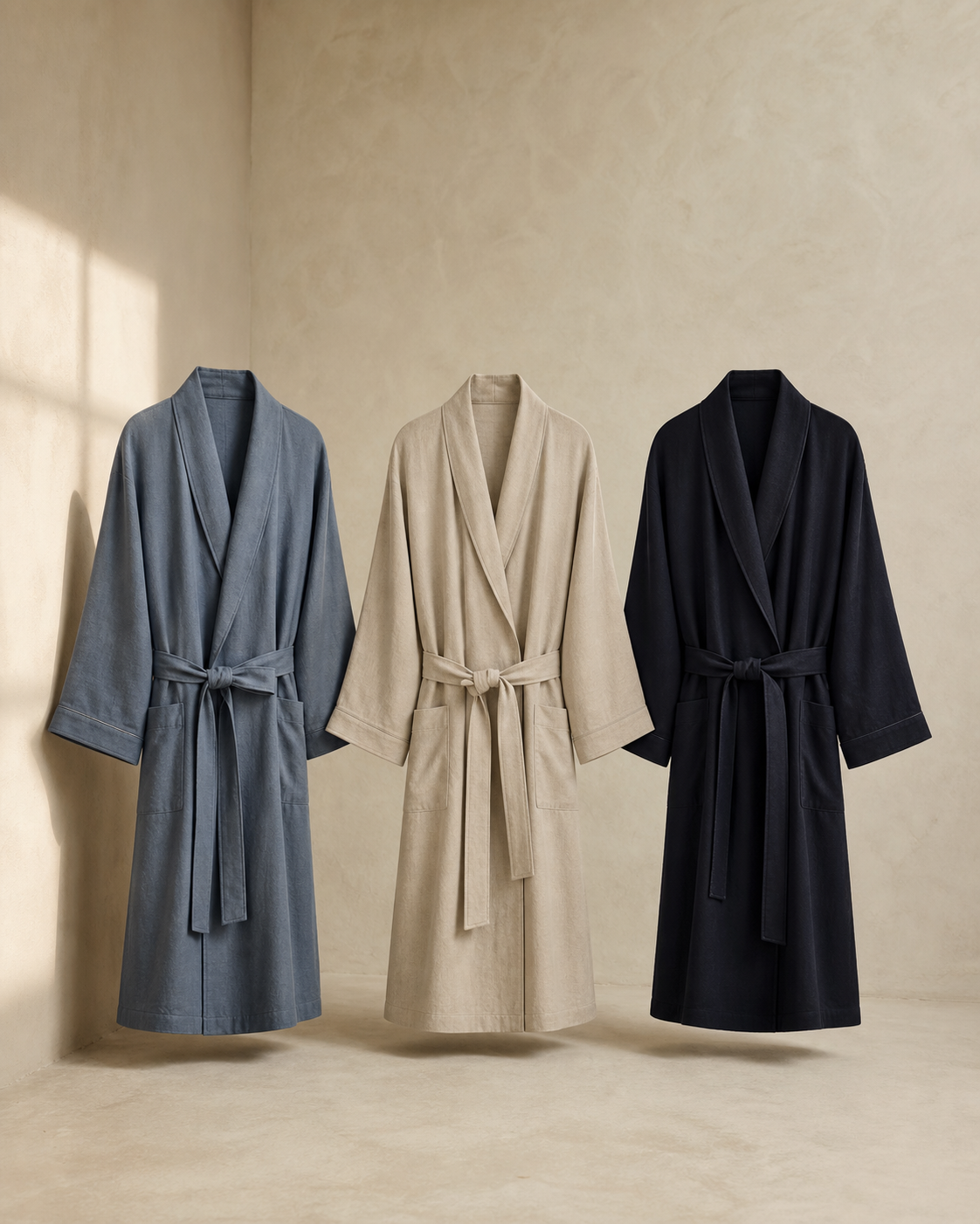 South Lake Silk Robe in Mineral Blue, Oat, Ink