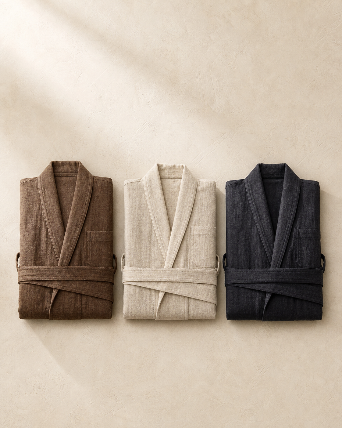 Tea House Linen Robe shown in Tea Brown, Oat, Ink