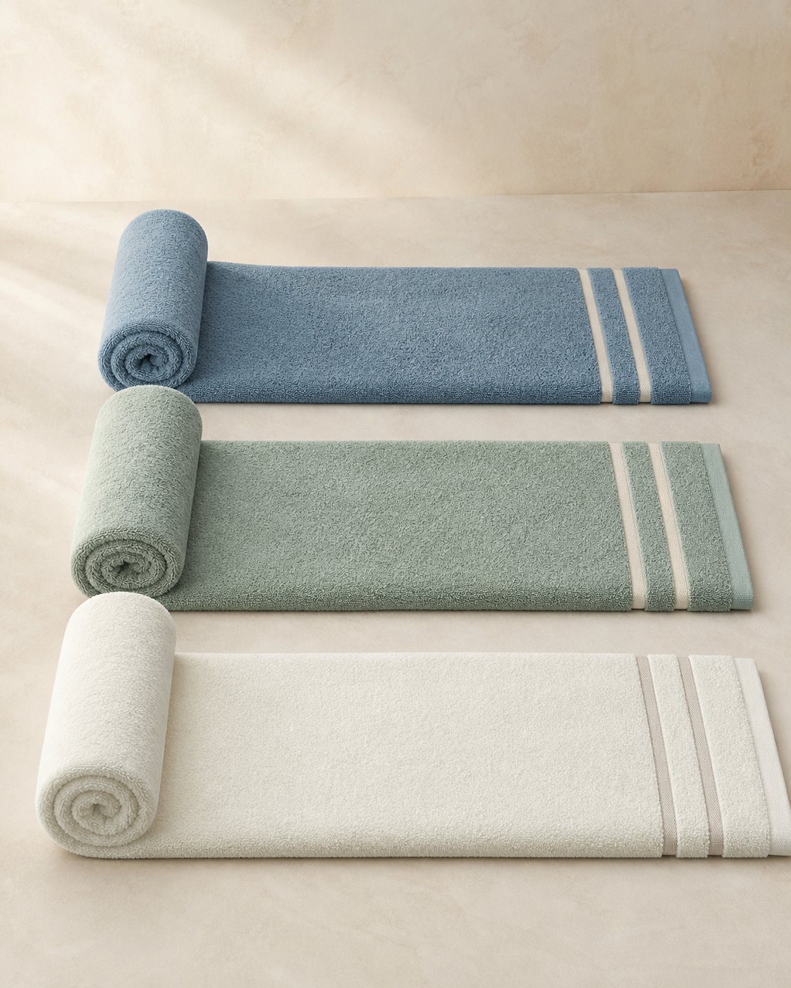 Tide Stripe Pool Towel shown in Mineral Blue, Celadon, White Jade